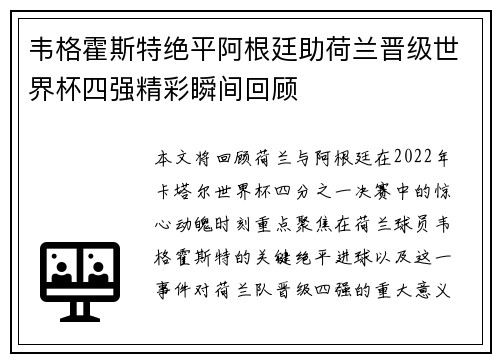 韦格霍斯特绝平阿根廷助荷兰晋级世界杯四强精彩瞬间回顾